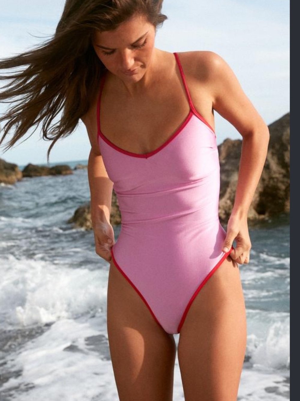 Pink One-Piece Swimsuit with Red Trim - Women Swim